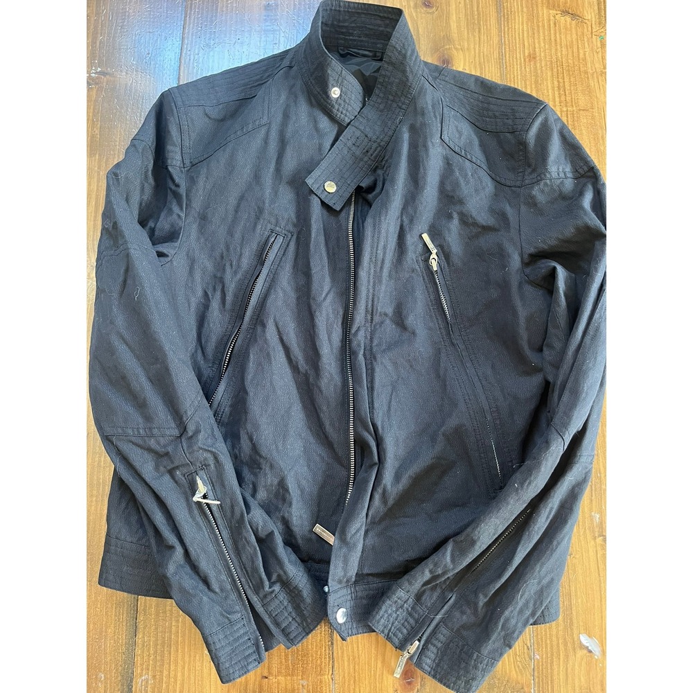 Versace Mens Black Textured Tech Moto Jacket Cafe Racer Zip Up Coat